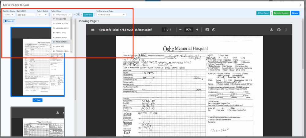 3) Find and select the case to transfer the pages to.