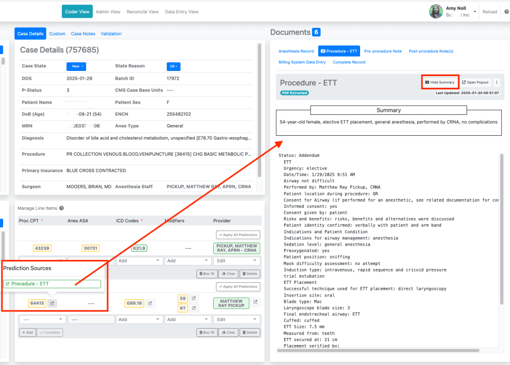 The Summary button inside the source document generates a summary of the information used for a code.
