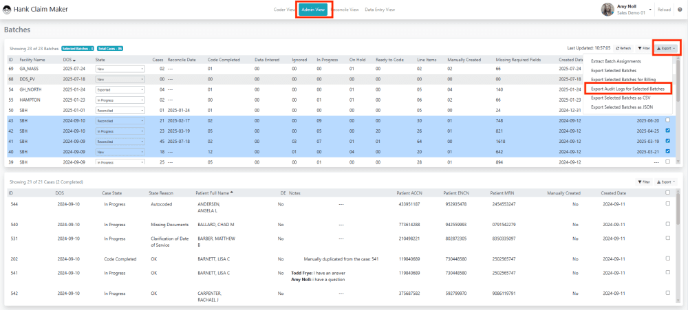 3) Select 'Export Audit logs for selected batches'