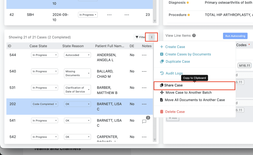 Use the Action menu item in the Case pane (bottom level list) to generate a sharable link to the selected case.