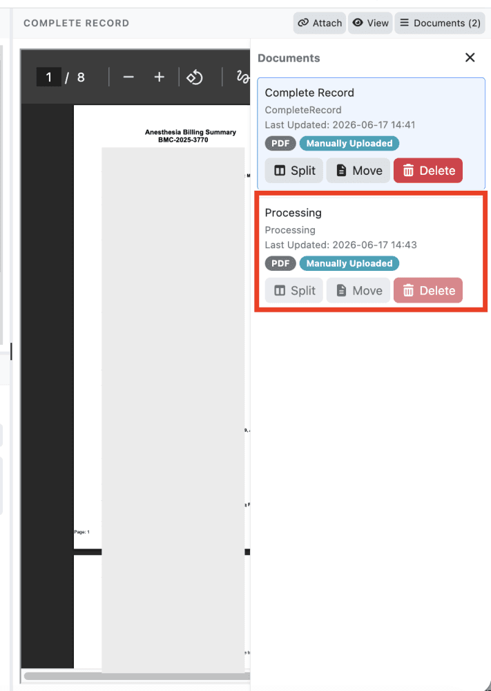 5) Wait a few minutes for the document to be processed into the case.
