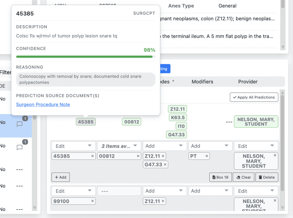 Hovering over a prediction shows the context for why that code was chosen and its confidence score.