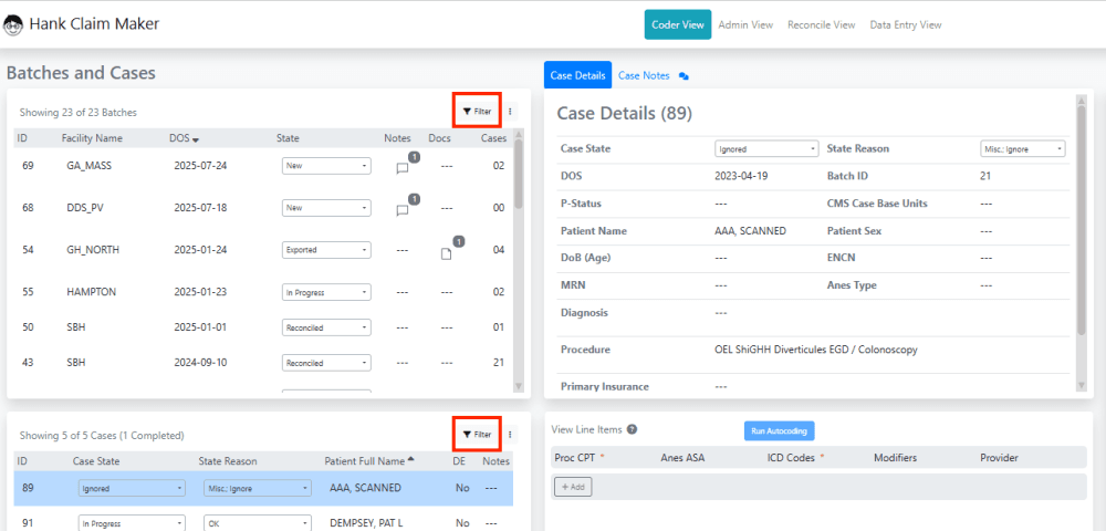 To search for specific batches and cases – use the Filter pane.