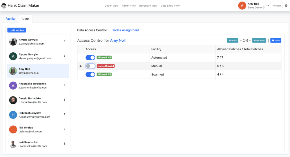 Next, select the recently added user and toggle on which facilities you want the new user to have access to.