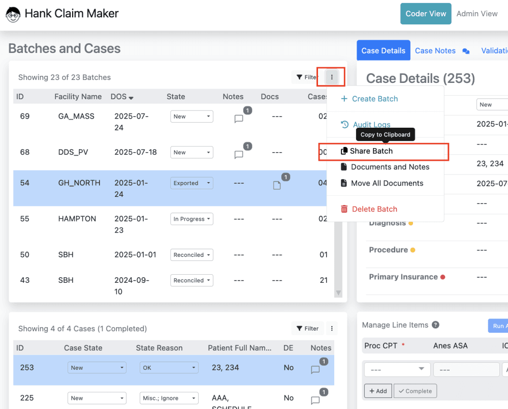 Use the Action menu item in the Batch pane (top level list) to generate a sharable link to the selected batch.
