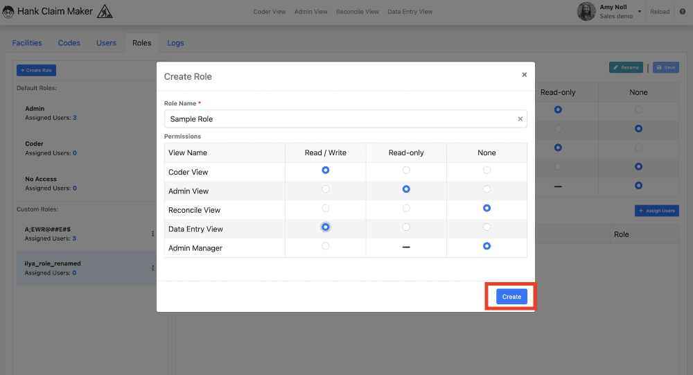 Name the role, select permissions for each View in Claim Maker and click 'Create'