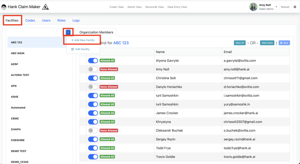 2) Under the 'Facility' tab in the Admin Manager select the 3 dot menu above the list of current facilities and select 'Add…