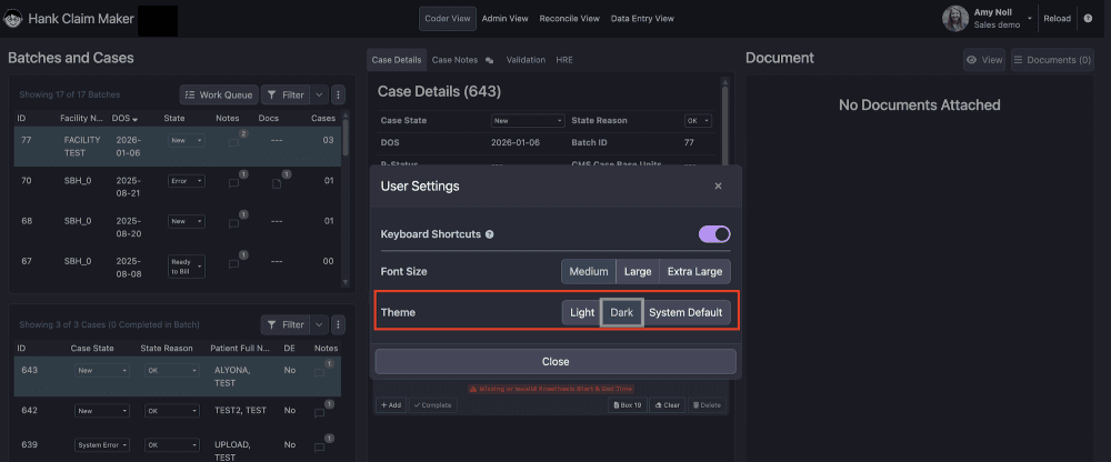 2) Next to Theme select 'Dark' and click 'Close.'