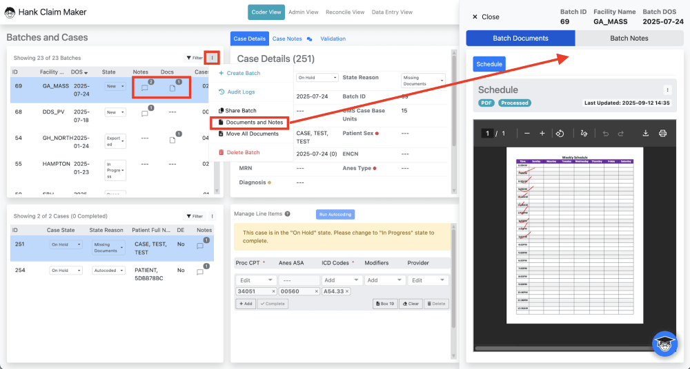 To access Batch Level documents and notes, simply check if there is a note and or document icon in the batch list.