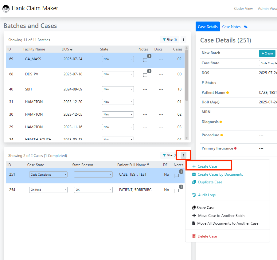 1) Use the action menu (3 dots) in the Cases Pane to add a new case to the existing batch.