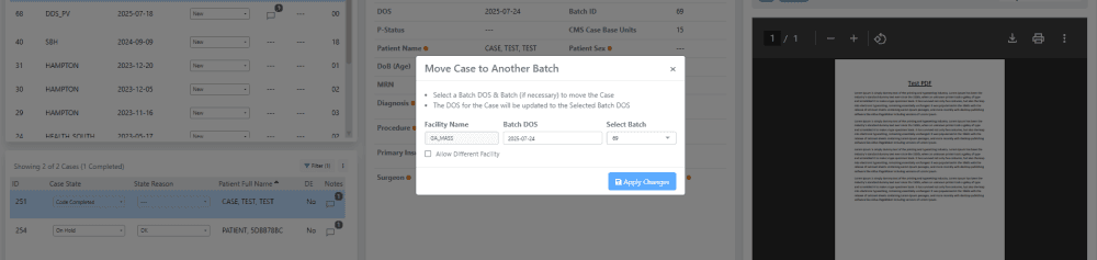 To move a Case to a different batch, select the case in the Cases Pane and click the 'Edit' button.