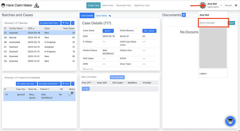 1) Navigate to the Admin Manager by clicking on your profile in the upper right corner and selecting Admin Manager.