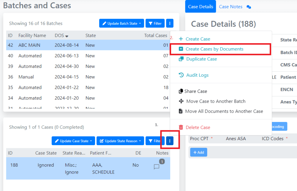 Once batch is created, select the newly created batch and then select Create Cases from Documents from the Cases action menu