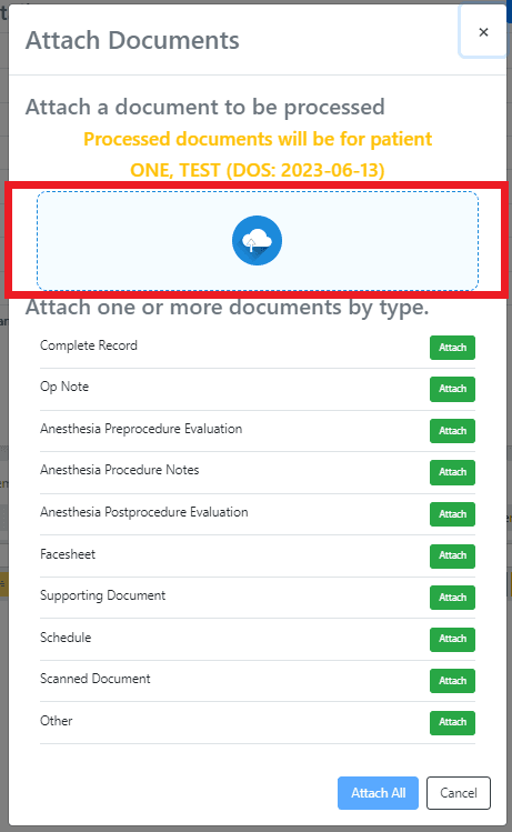 In the pop up, attach any required documents using the green attach buttons and submit them all at once with the final blue…