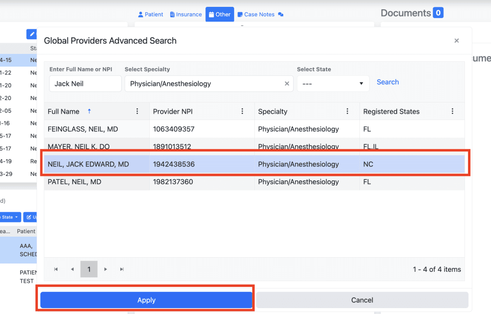 5) Once you find the provider in the results listed click 'Apply'