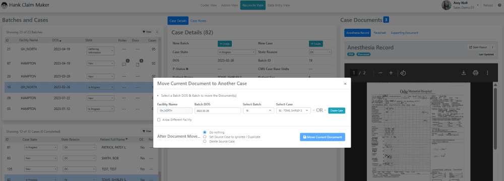 To MOVE a single document in between cases, navigate to the case and make sure the document to move is selected.