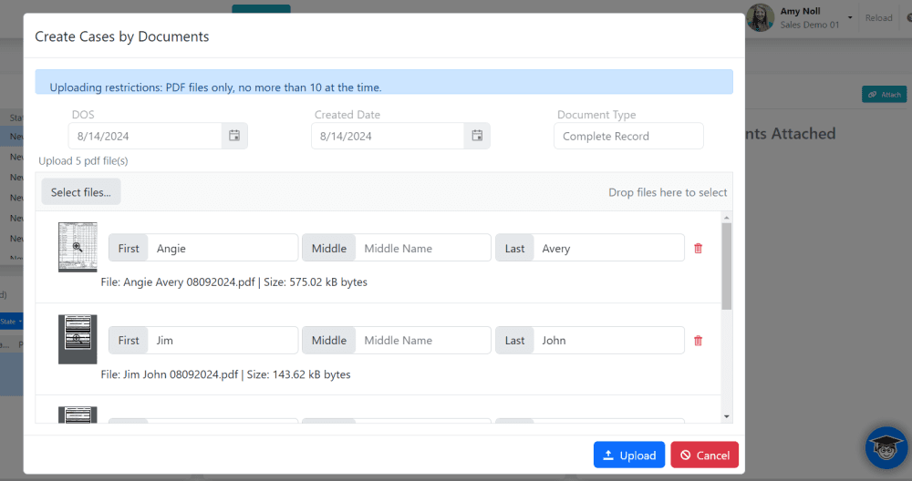 Select up to 10 patient pdfs – make sure each pdf is a separate patient.