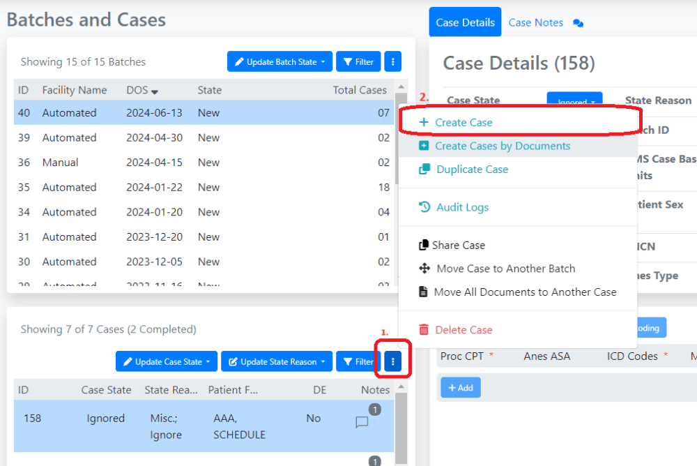 Once the batch is created, select Create Case from the Cases action menu.