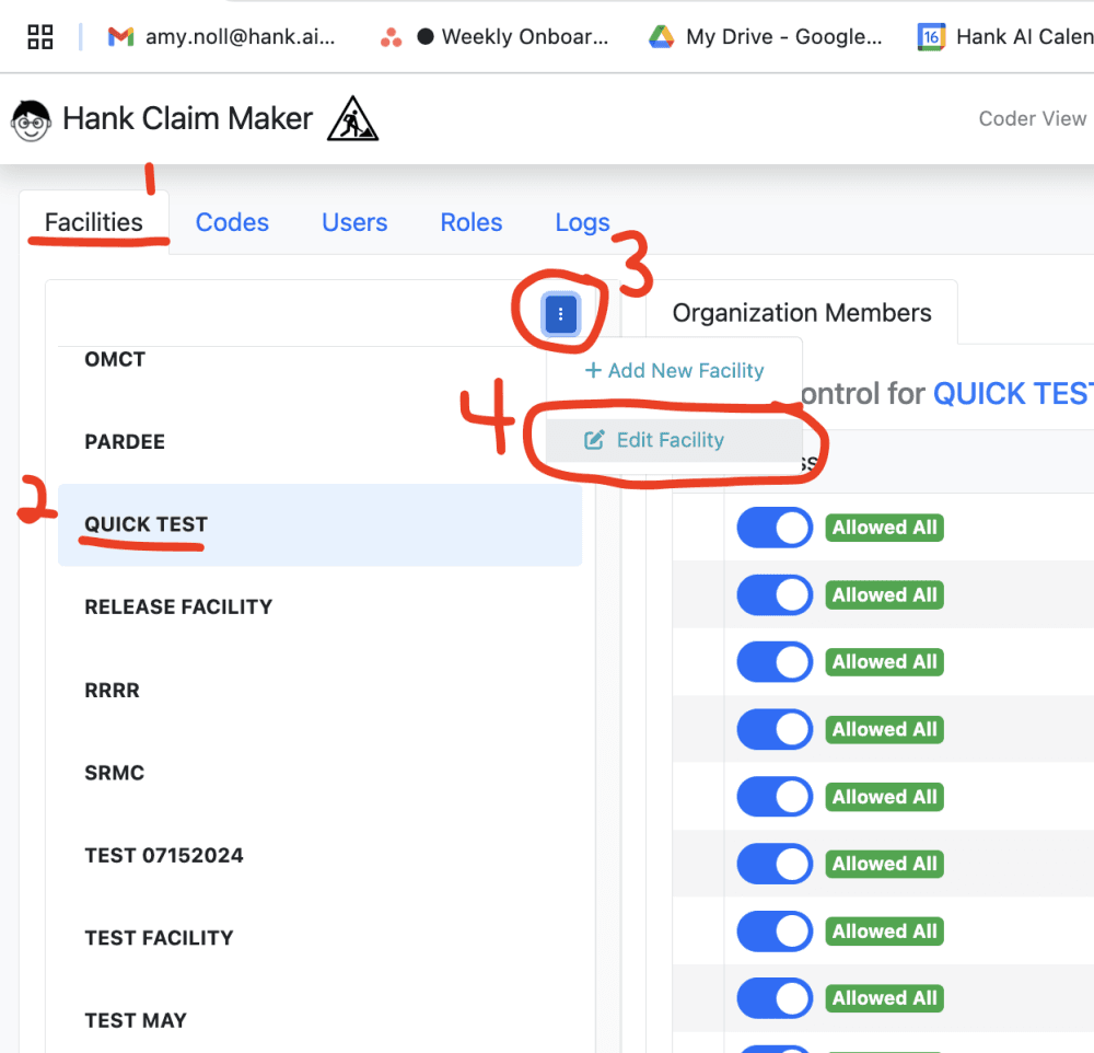 3) On the facilities tab select the facility to rename and click the three dots above the facility list and select 'Edit Fac…