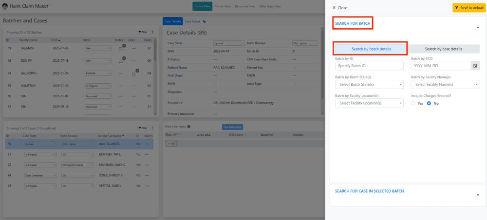 Once the filter pane is open, you can Search for a BATCH by Batch details (ID, DOS, State, Facility,) .