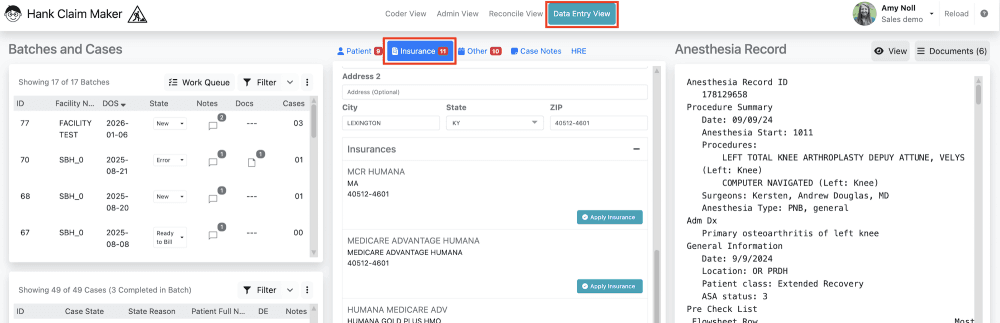 1) Navigate to Data Entry View> Insurance tab
