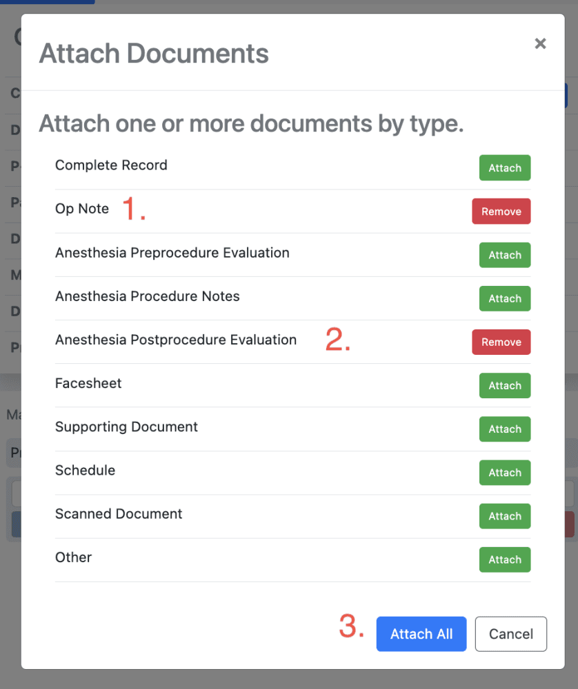 In the pop up, attach any required documents using the green attach buttons and submit them all at once with the final blue…