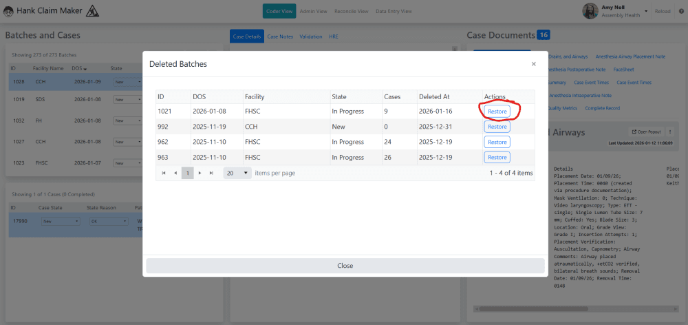 Click the Restore button next to the batch to restore