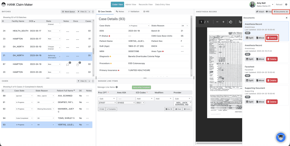 2) Then select the 3 dot menu above the documents pane and select DELETE from the menu.