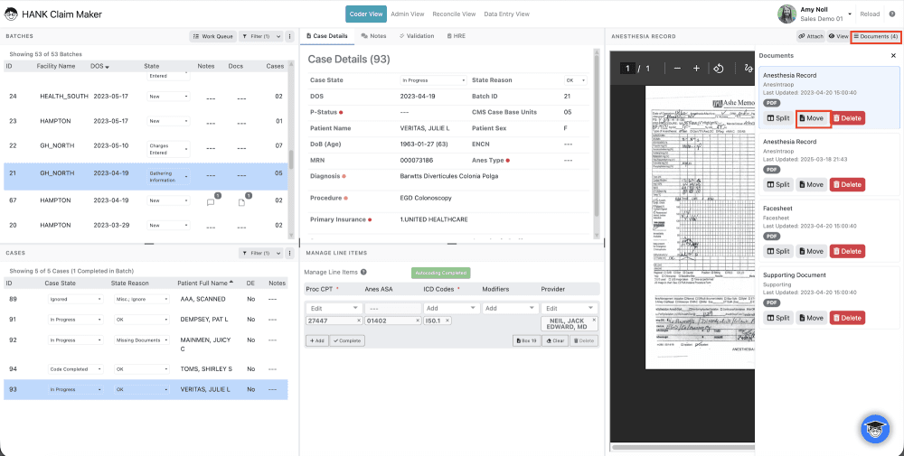 To MOVE a single document in between cases, navigate to the case and make sure the document to move is selected.