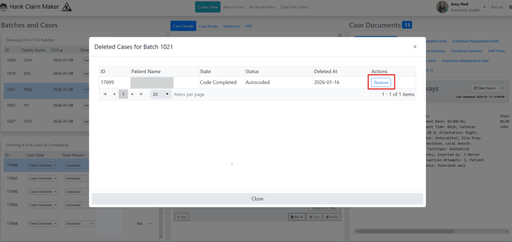 Find the deleted case and click restore next to it