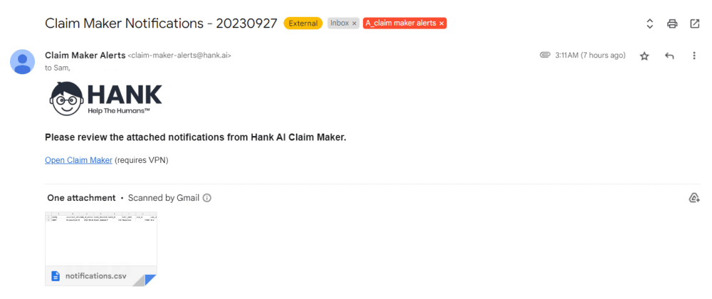 The daily update email from claim-maker-alerts@hank.ai with its CSV attachment.