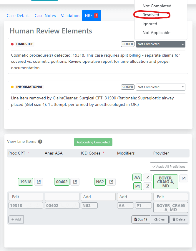 The element dropdown with the resolved status and other status options.