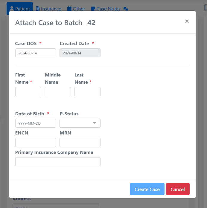 Enter Required Patient information to set up the case and click create case.